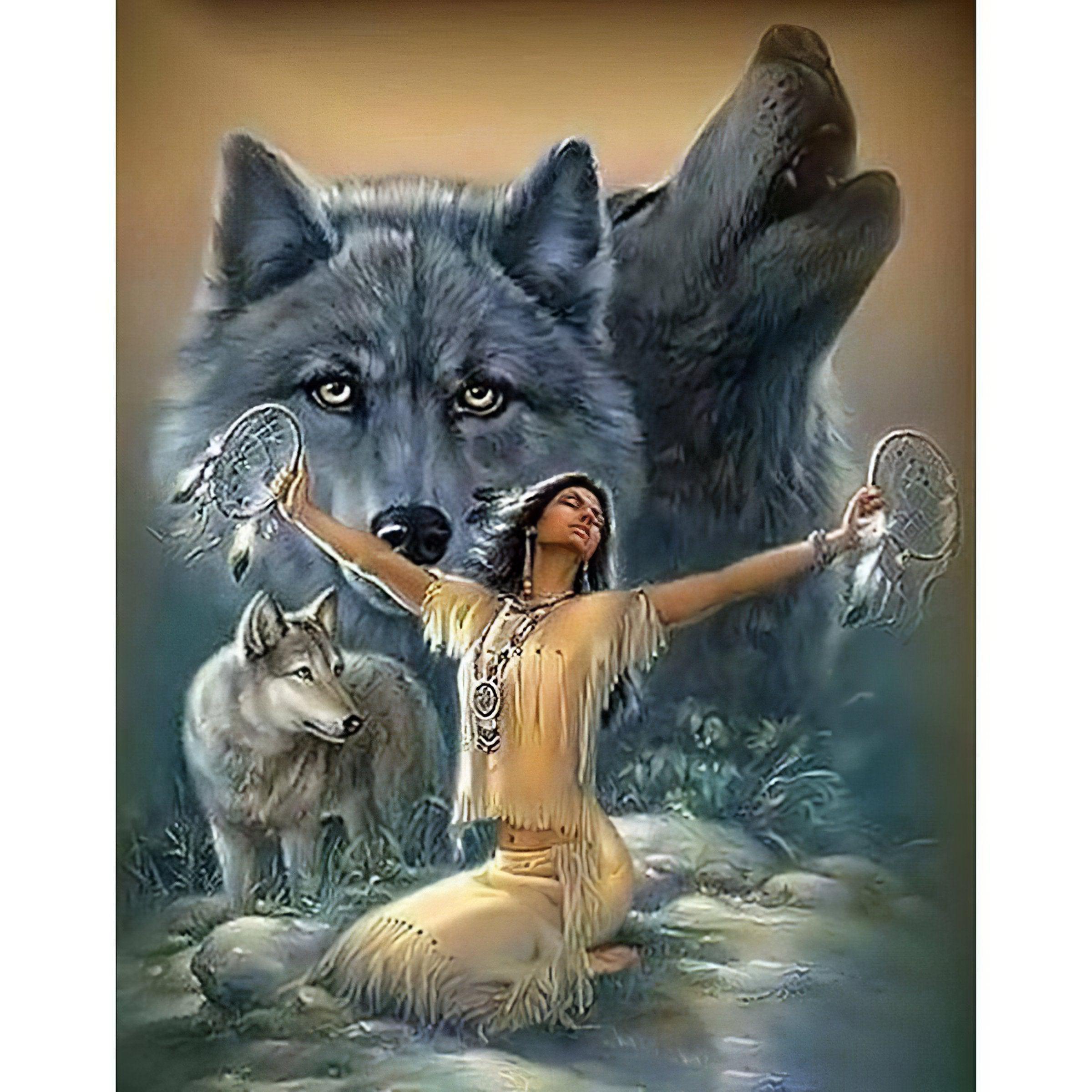 Diamond Painting - Indische Frau und Wolf