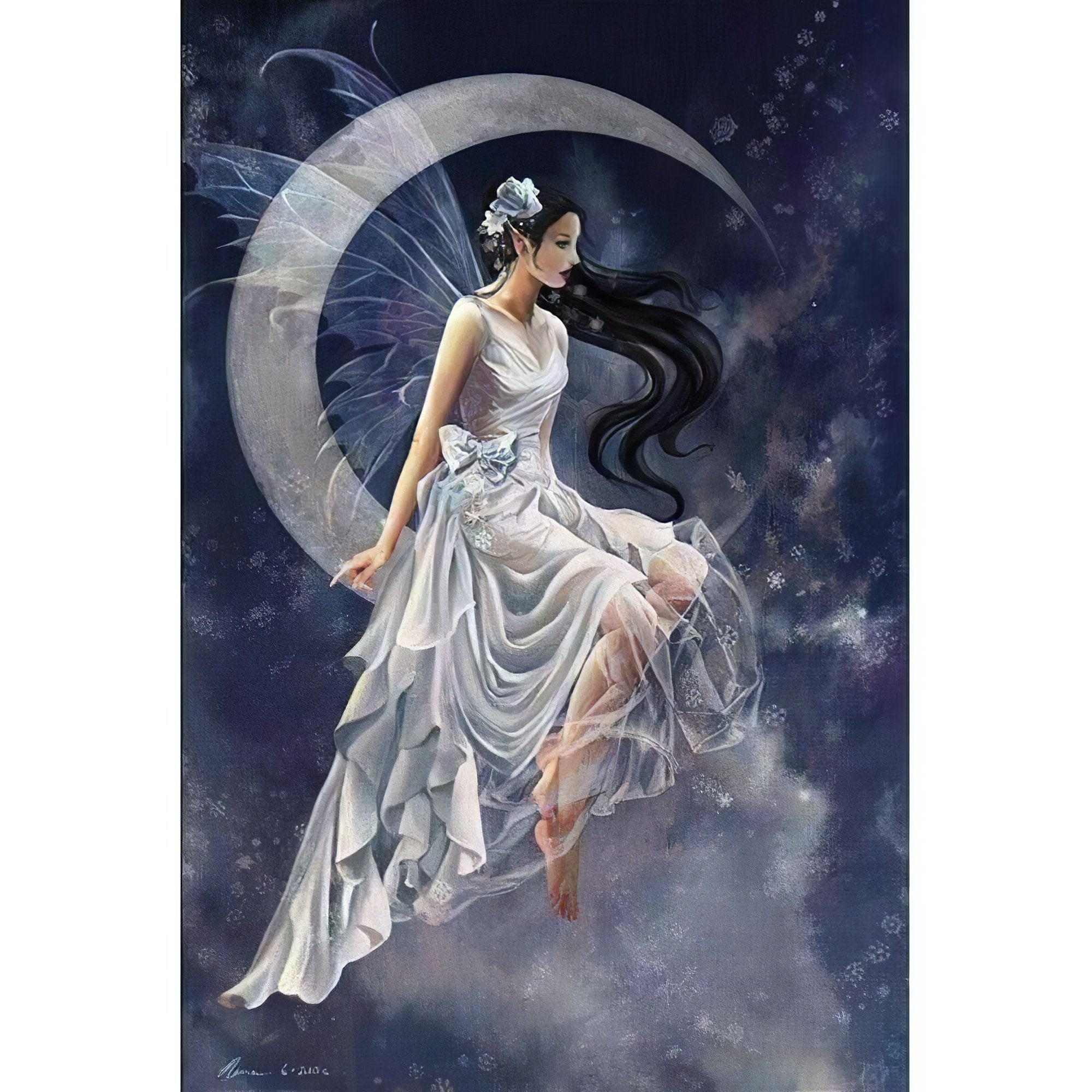 Diamond Painting - Mädchen mit dem schwarzen Haar im weißen Mond