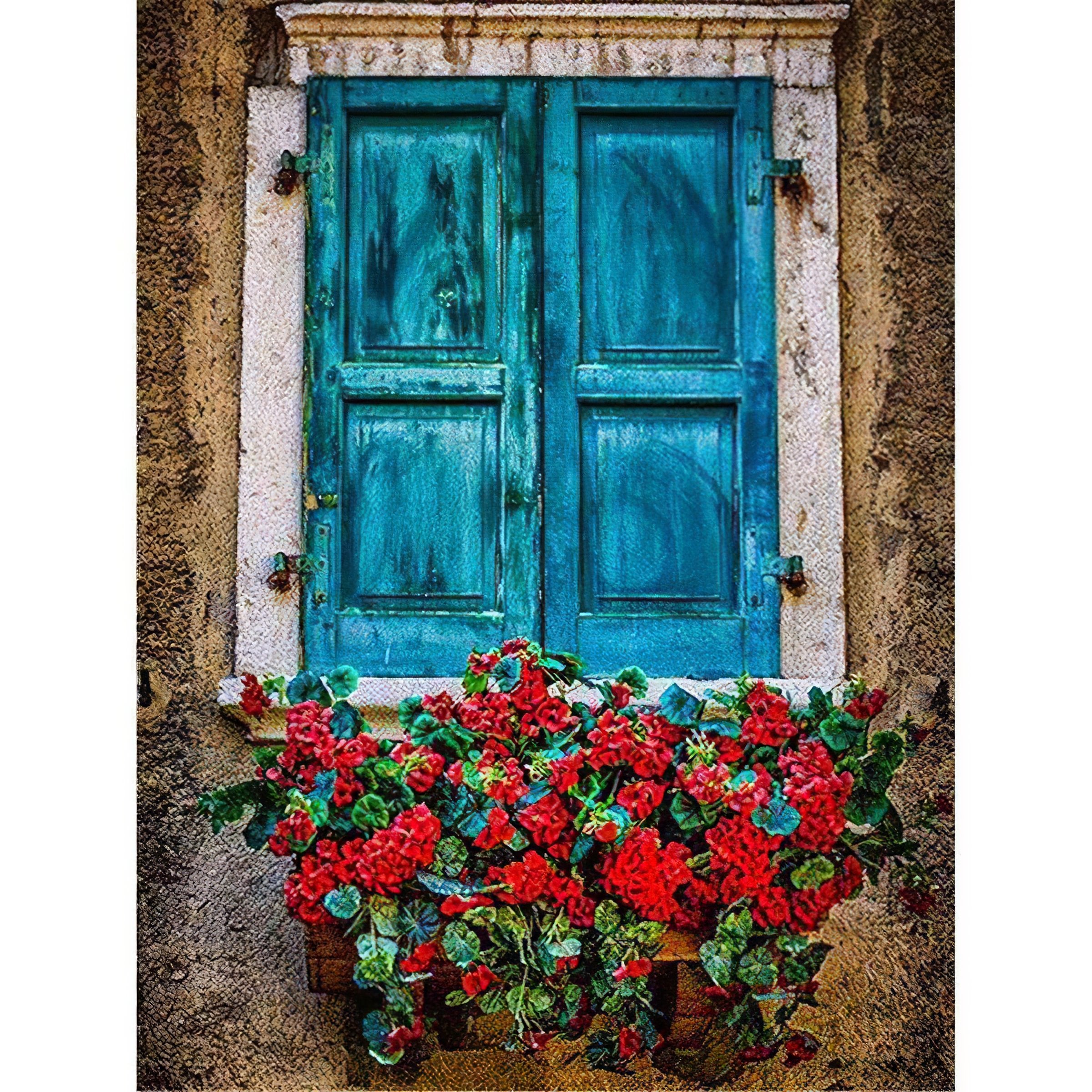 Diamond Painting - Rote Blumen am Fenster